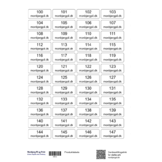 Fortløbende numre og en tekst linje. Papir. 48 stk. 4 Cm. 0,52 kr. pr. label. Flere farver.