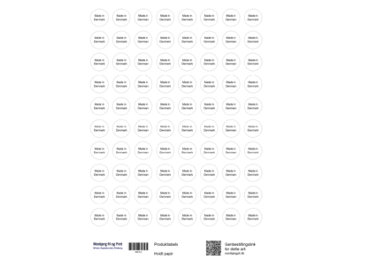 Runde labels 2 cm. 80 stk. To tekstlinjer. Made in Denmark. Oprindelses land. Country of origin.