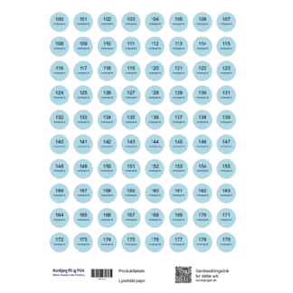 Runde labels 2 cm. 80 stk. 0,31 kr. pr. label. A4. Fortløbende numre og en tekstlinje. Flere farver.