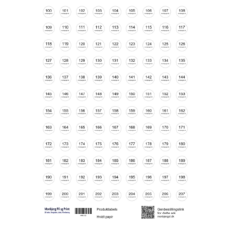 Runde labels 1,5 cm. 108 stk. 0,23 kr. pr. label. A4. Fortløbende numre og en tekstlinje. Flere farver.